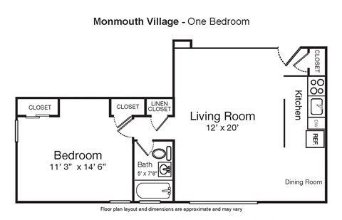 Floor plan for 1 bed, 1 bath